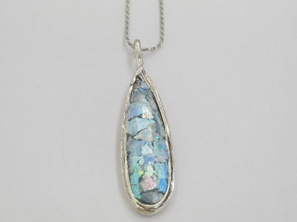 Slim Tear Drop Patina Roman Glass Necklace