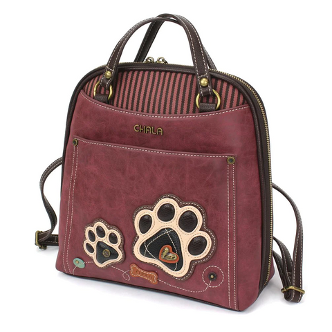 Paw Print Convertible Backpack Purse in Burgundy