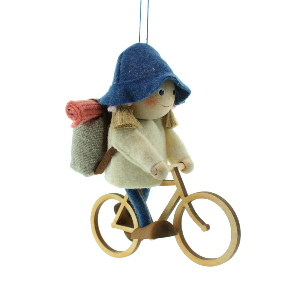 Girl with Backpack on Bicycle Handcrafted Wooden Ornament