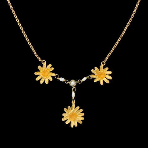 Golden Daisy 16 Inch Adjustable 3-Flower Dangle with Pearl Necklace by Michael Michaud