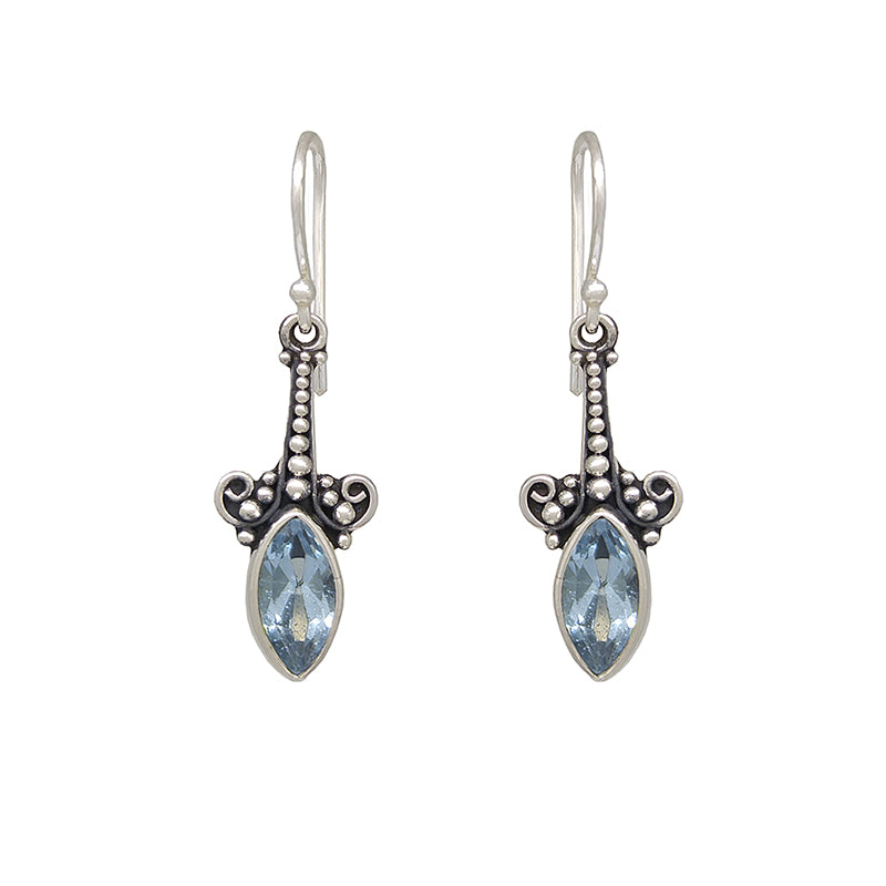 Sterling Silver Trumpet Flower Dangle with Marquise Blue Topaz Earrings