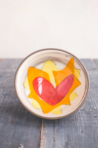 Flaming Orange Heart Hand Painted Ceramic Small Bowl