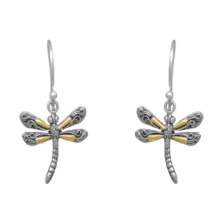 Sterling Silver Dragonfly Earrings with 22k Gold Wings