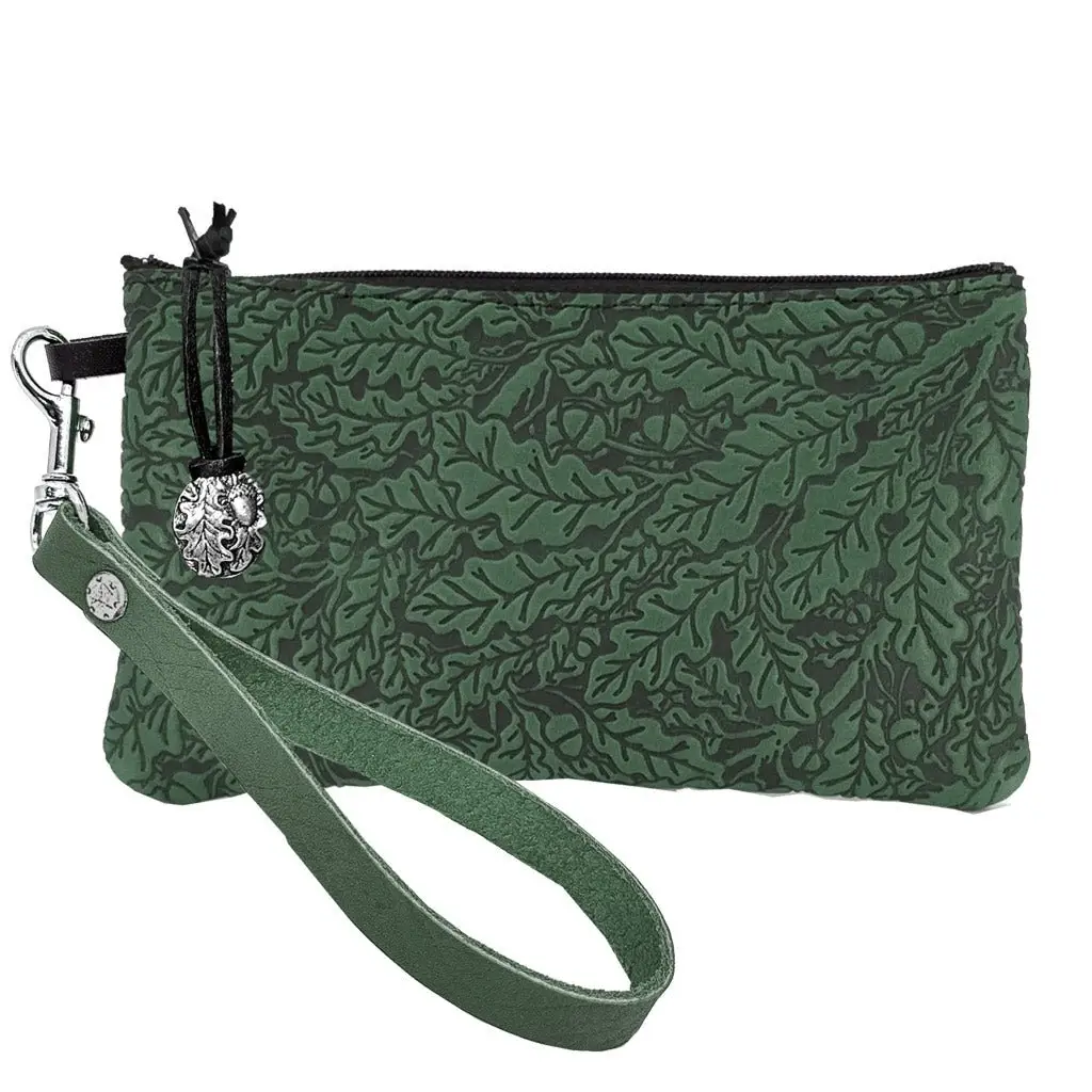 Leather Zipper Wristlet Pouch Wallet - Oak Leaf in Green