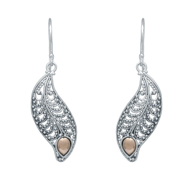 Sterling Silver Detailed Leaf Dangle with 22k Gold Tip Earrings