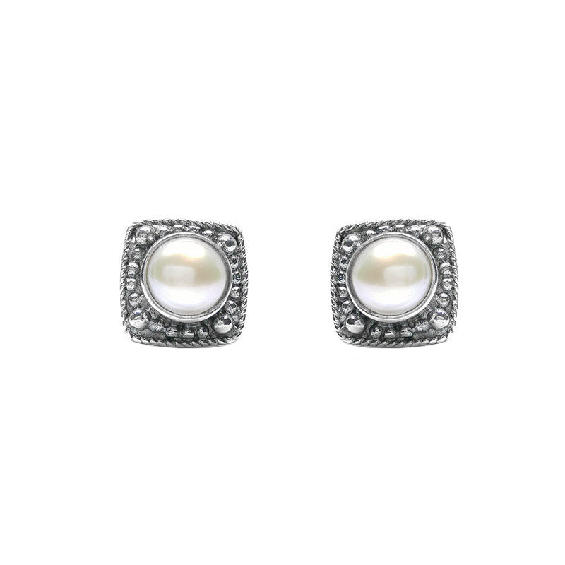 Sterling Silver Square Pearl Post Earrings