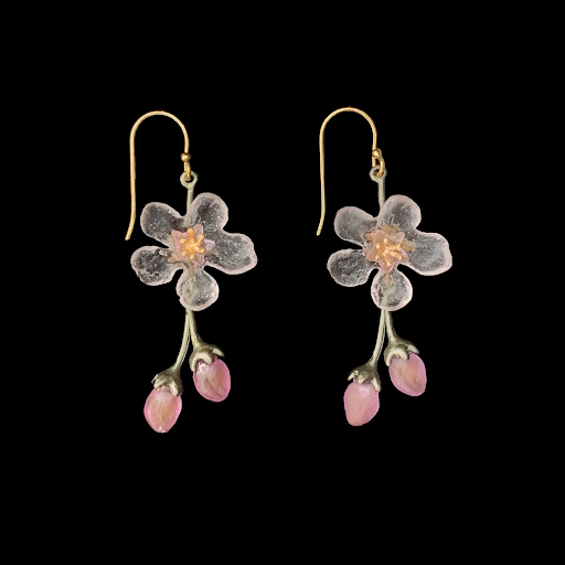 Peach Blossom Flower Drop Wire Earrings by Michael Michaud