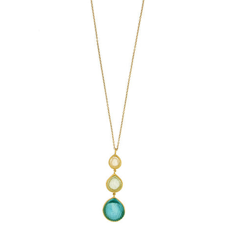 Teal, Pastel Green, and Clear Shell 16 Inch Adjustable 3-Drop Pendant Necklace by Michael Michaud