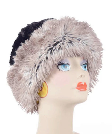 Arctic Fox with Cuddly Black Luxury Faux Fur Cuffed Pillbox Hat Large