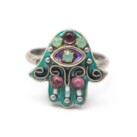 Purple and Aqua Mini Hamsa Ring by Michal Golan