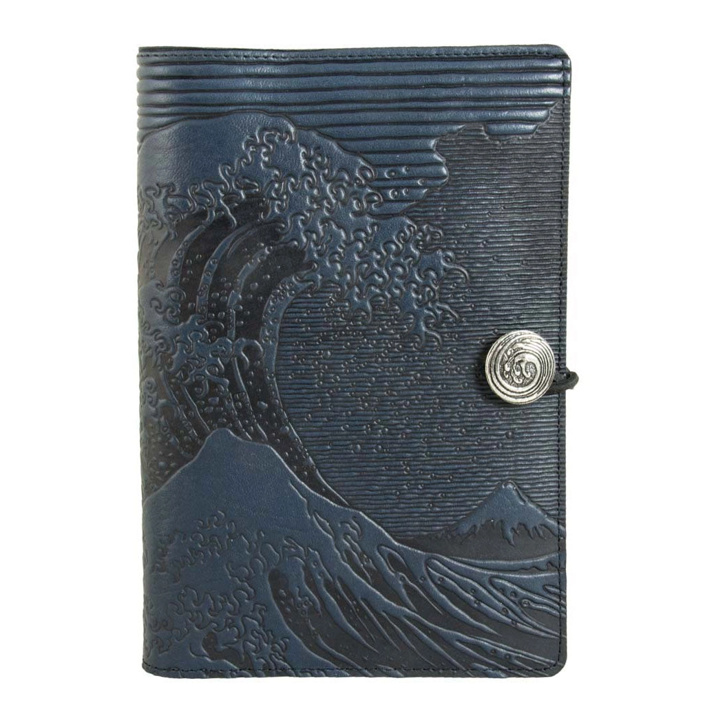 Large Leather Journal - Hokusai Wave in Navy