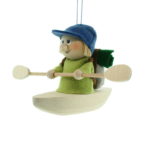 Boy with Backpack in Kayak Handcrafted Wooden Ornament