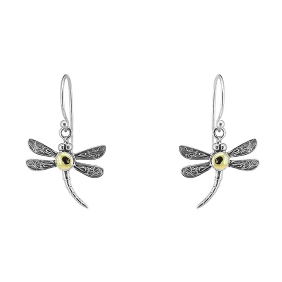 Sterling Silver Dragonfly Earrings with 18k Gold