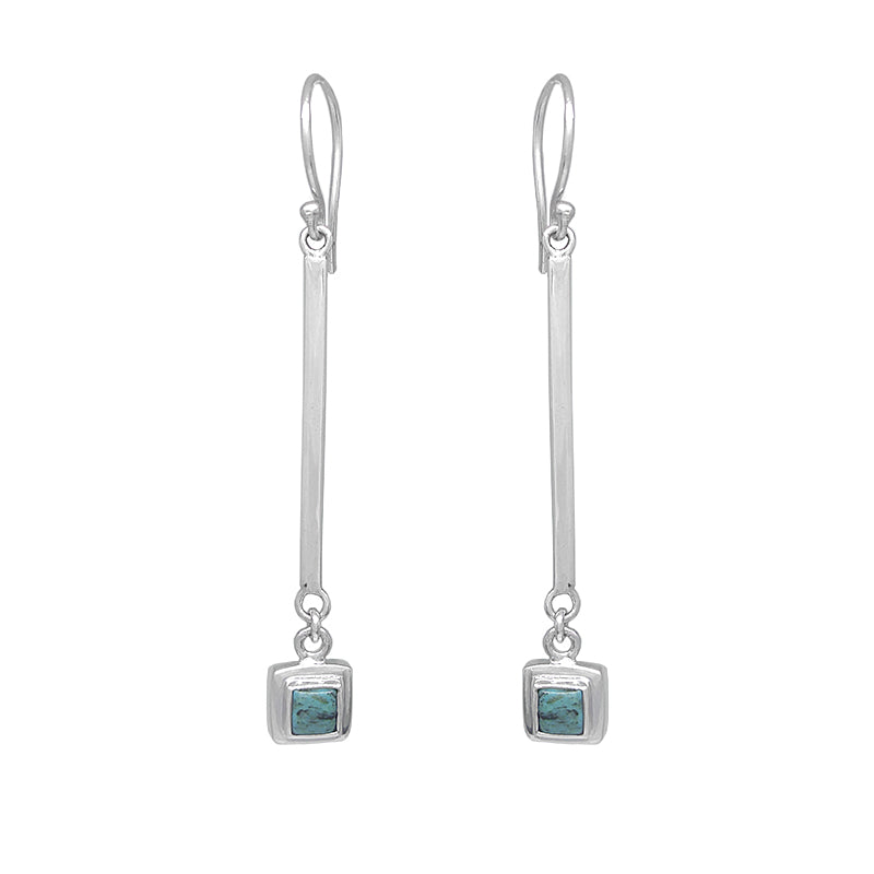 Sterling Silver Long Bar with Square Turquoise Dangle Earrings