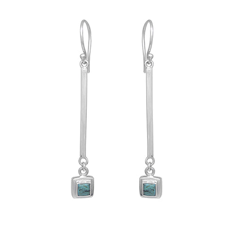 Sterling Silver Long Bar with Square Turquoise Dangle Earrings