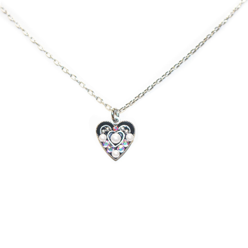 White Pearl Small Glass Pearl Heart Pendant Necklace by Firefly Jewelry