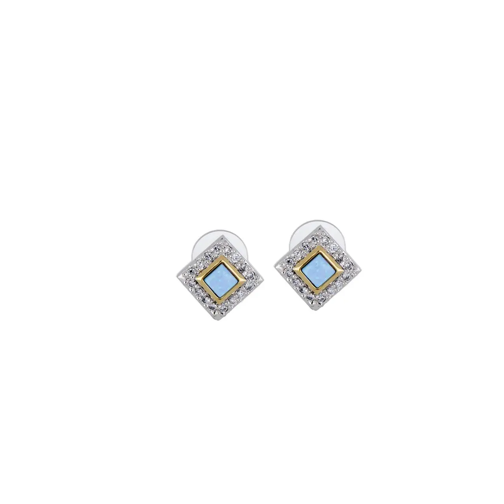 Blue Opal Diamond-Shaped Two-Tone With Pav&eacute; Post Earrings by John Medeiros