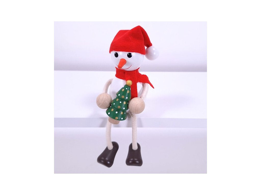 Snowman with Hat and Christmas Tree Handcrafted Wooden Figure