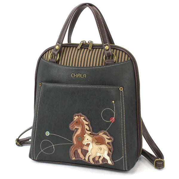 Horse Family Convertible Backpack Purse in Black
