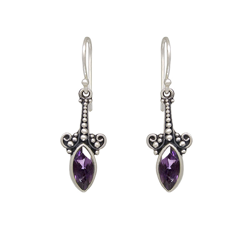 Sterling Silver Trumpet Flower Dangle with Marquise Amethyst Earrings