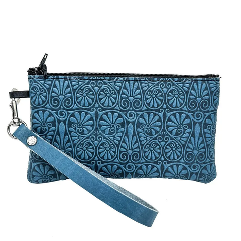 Leather Zipper Wristlet Pouch Wallet - Fan Flower in Sky Blue