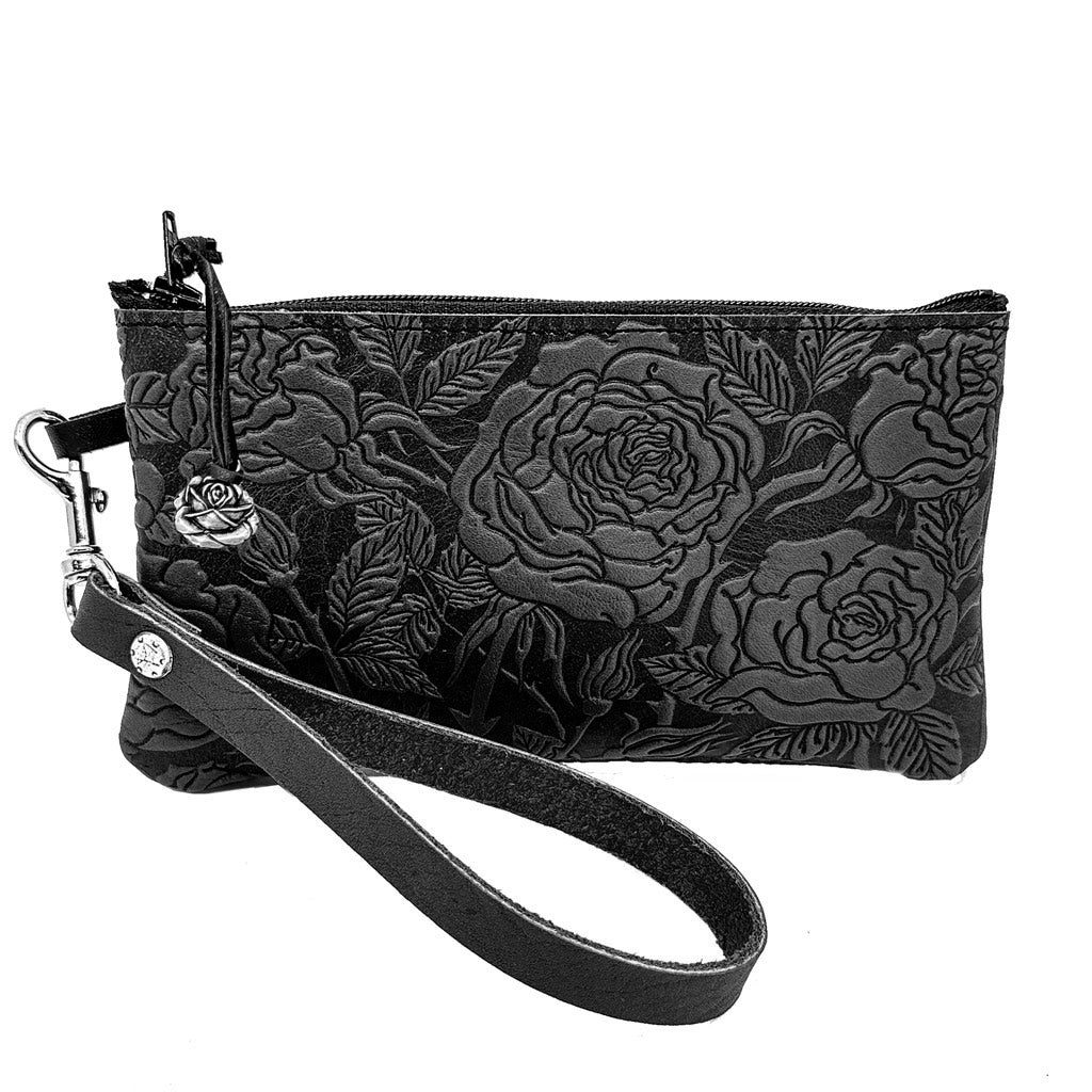 Leather Zipper Wristlet Pouch Wallet - Wild Rose in Black
