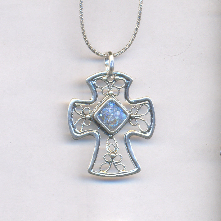 Open Cross Patina Roman Glass Necklace