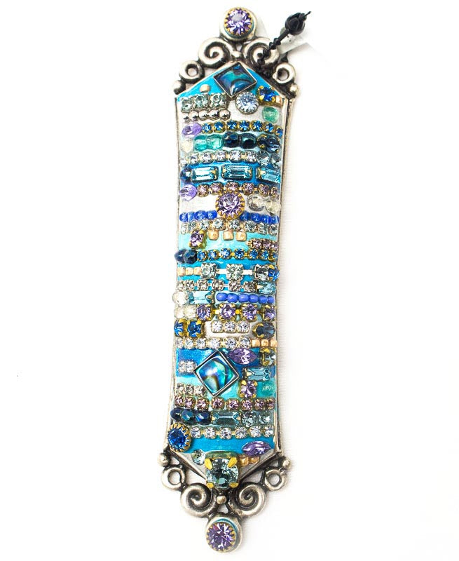 Flat with Blue Multi Bright Crystal Mezuzah by Michal Golan