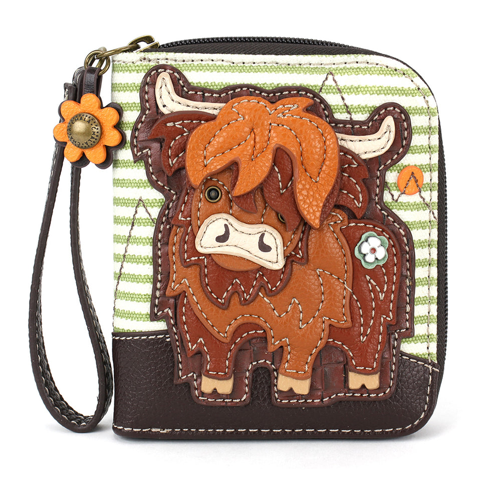 Highland Cow Zip-Around Wallet in Green Stripe by Chala