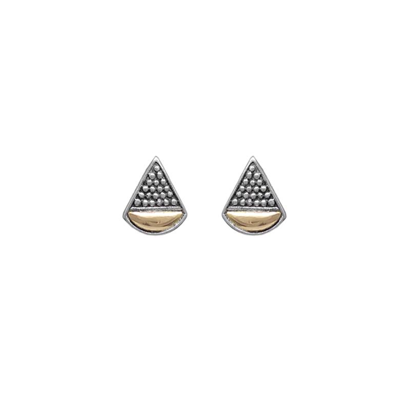 Rounded Triangle Stud with Minute Sterling Silver Granulation and 18k Gold Earrings