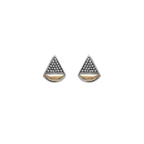 Rounded Triangle Stud with Minute Sterling Silver Granulation and 18k Gold Earrings