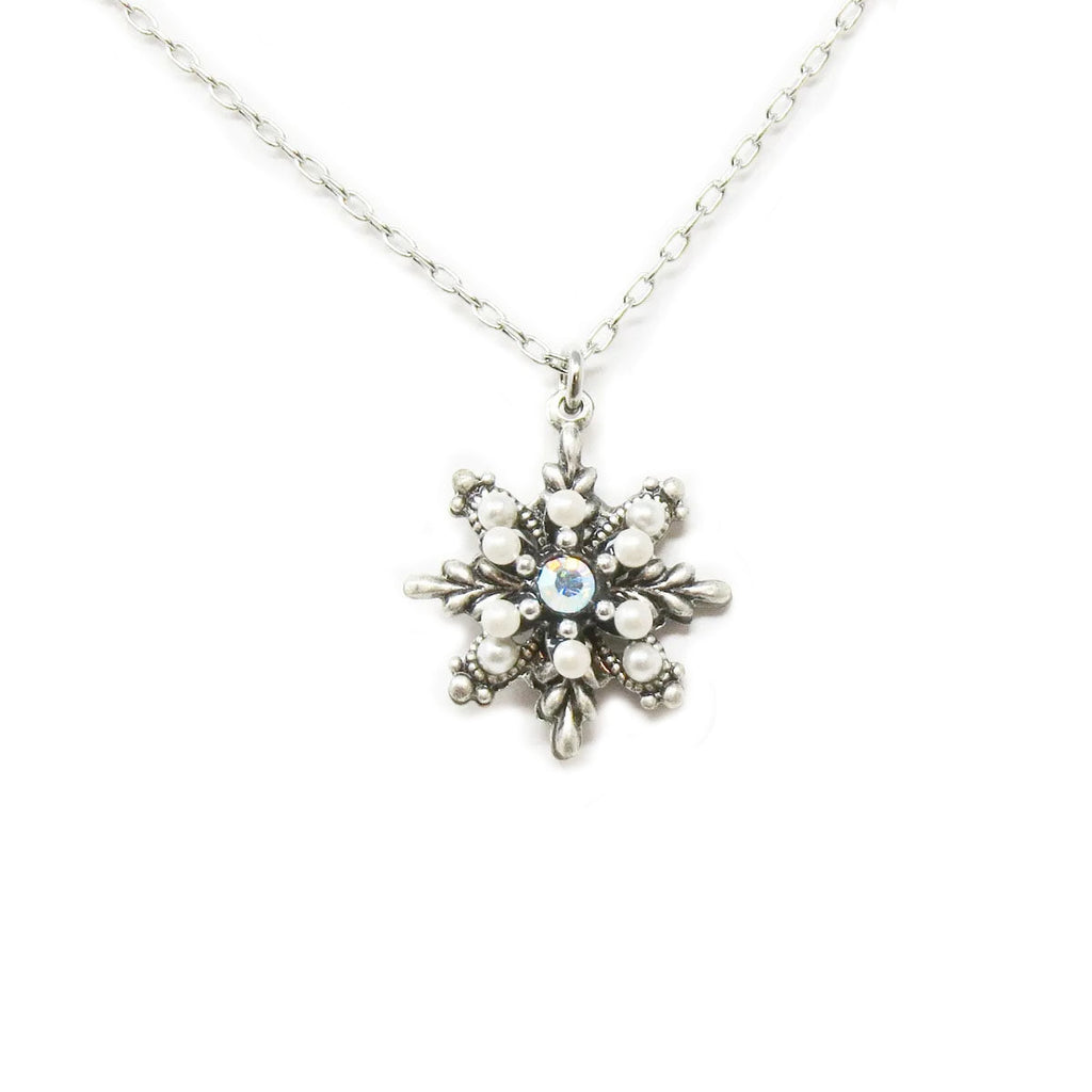 White Pearl Snowflake Pendant Necklace by Firefly Jewelry