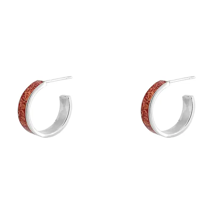 Sterling Silver Hoop Earrings with Coral Inlay