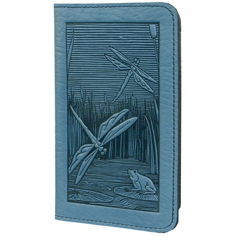 Leather Checkbook Cover - Dragonfly Pond in Sky Blue