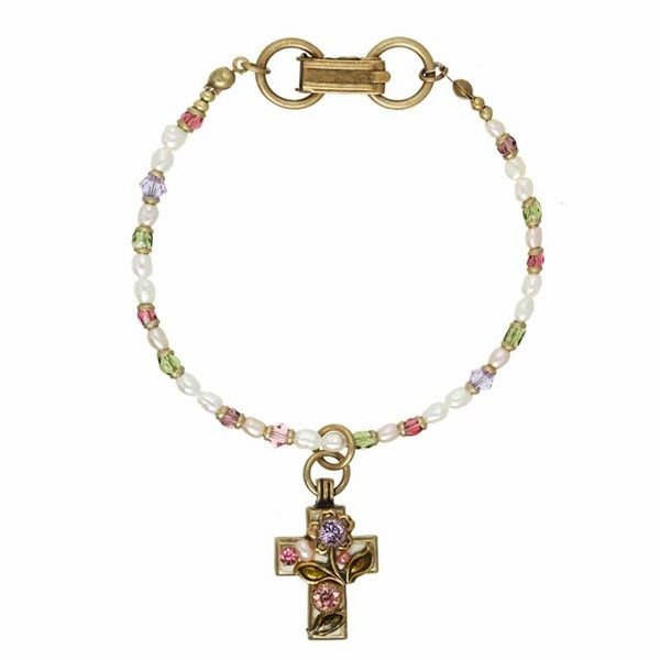 Pearl Blossom Small Cross on Chain Bracelet