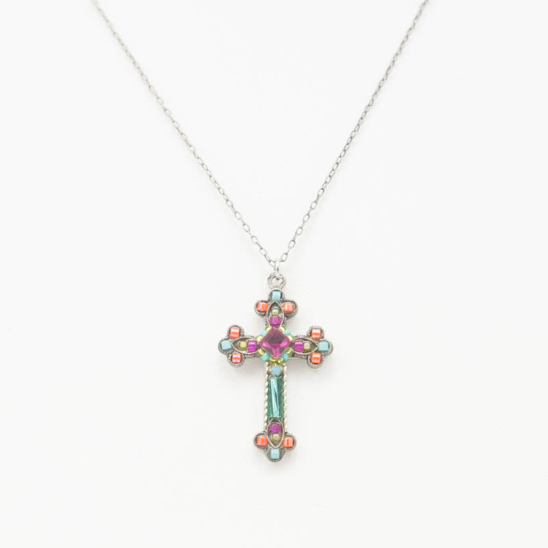 Multi Color Mosaic Inlay Cross Necklace by Firefly Jewelry