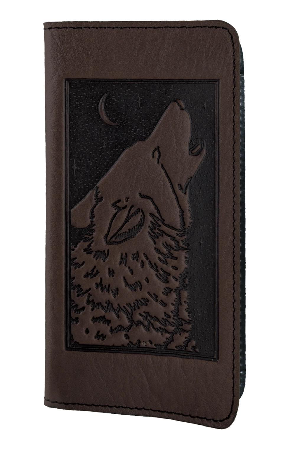 Leather Checkbook Cover - Singing Wolf in Chocolate