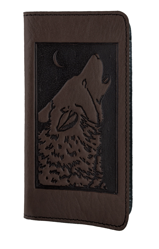 Leather Checkbook Cover - Singing Wolf in Chocolate