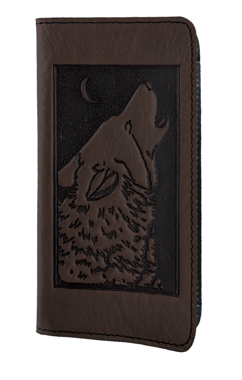 Leather Checkbook Cover - Singing Wolf in Chocolate