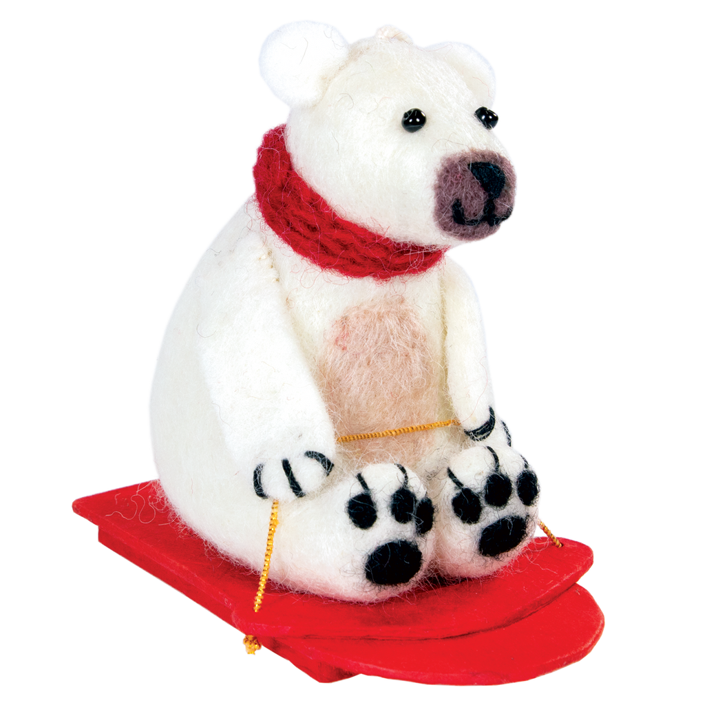 Sledding Polar Bear Wool Ornament