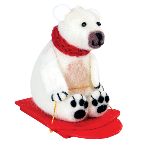 Sledding Polar Bear Wool Ornament