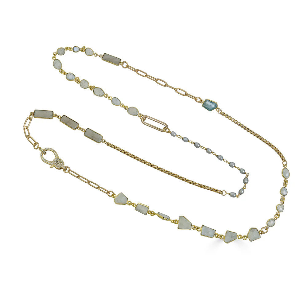 Gold Moonstone, Aquamarine and Pearl Long Necklace by Loni Paul