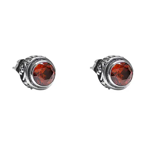 Sterling Silver Bali Stud Earrings with Garnet