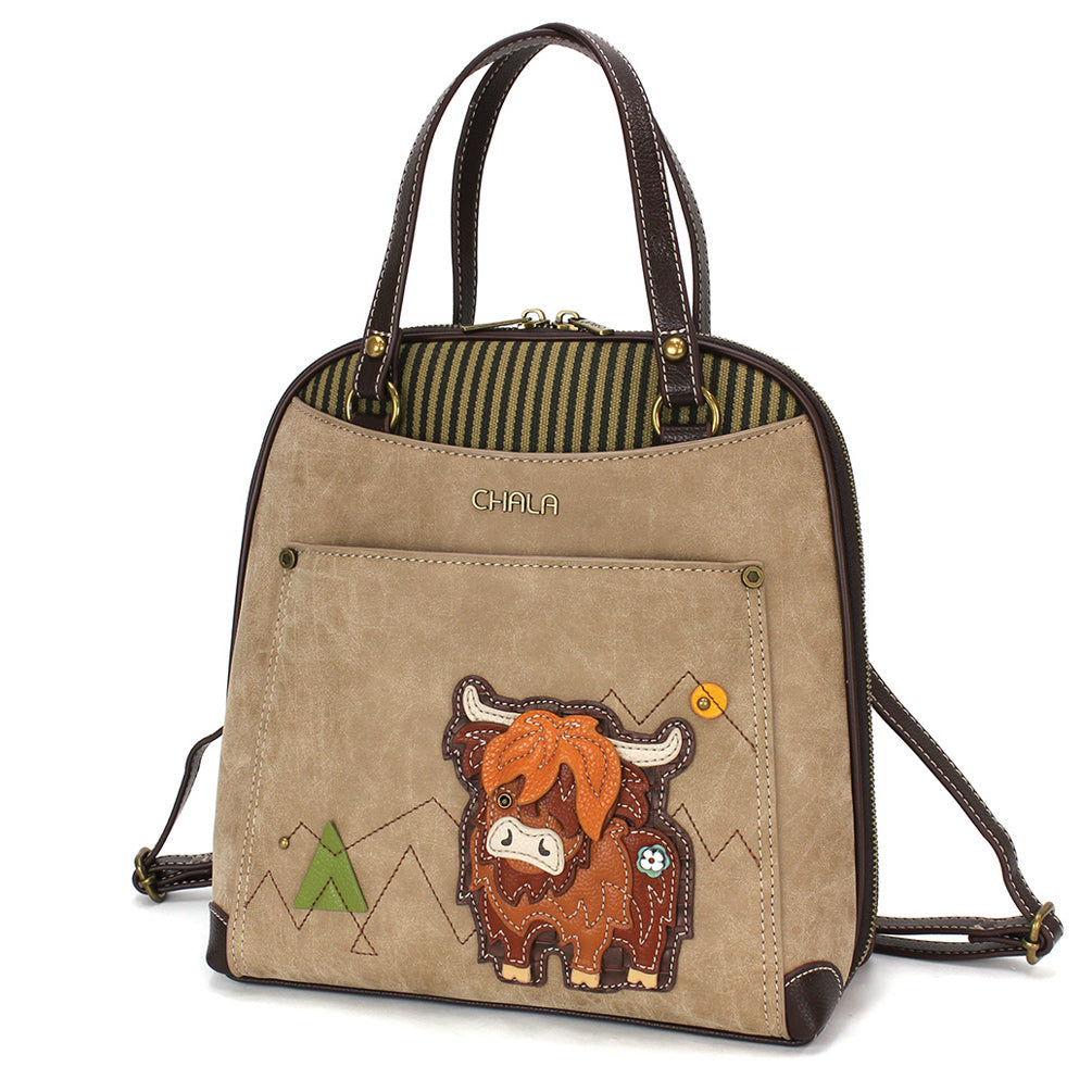 Highland Cow Convertible Backpack Purse in Taupe by Chala