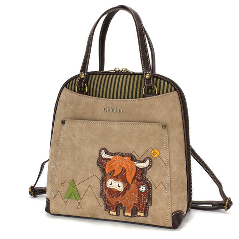 Highland Cow Convertible Backpack Purse in Taupe by Chala