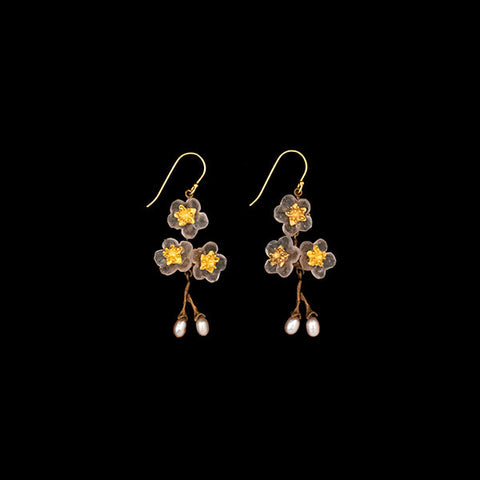 Cherry Blossom Wire Drop Pearl Earrings by Michael Michaud