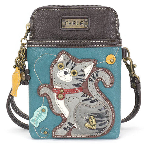 Tabby Cat Cellphone Crossbody in Gray and Turquoise