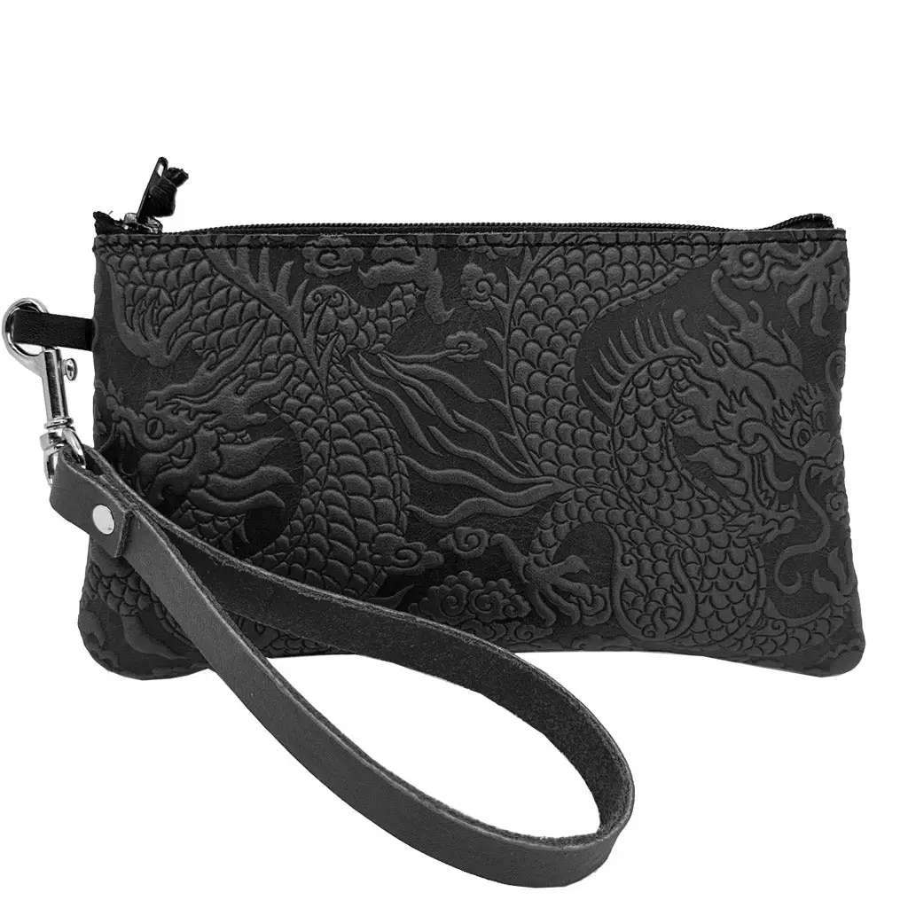 Cloud Dragon Leather Zipper Wristlet Pouch Wallet in Black