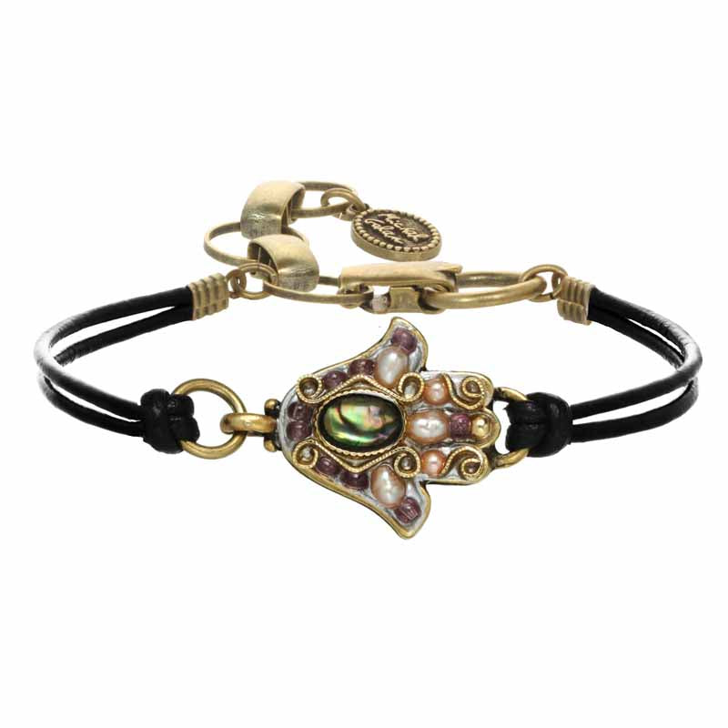 Purple and Green Side Hamsa Leather Bracelet by Michal Golan