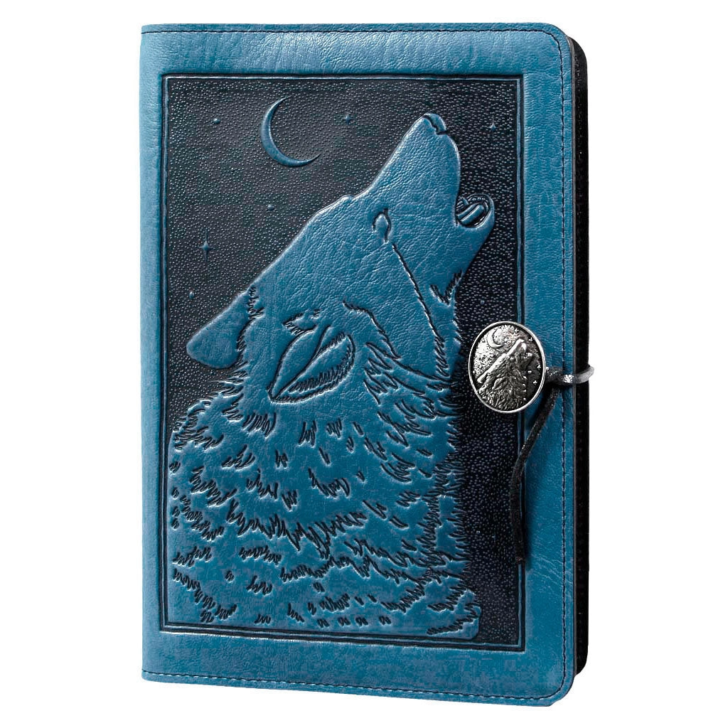 Large Leather Journal - Singing Wolf in Blue